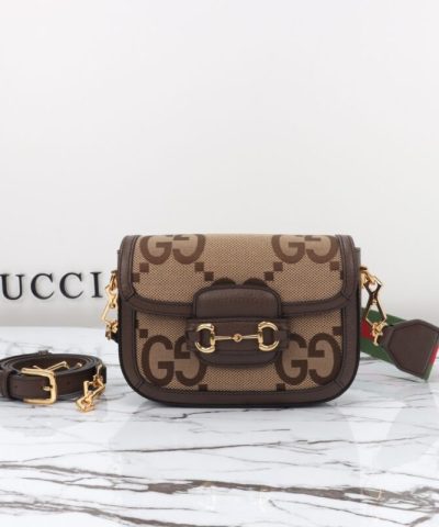 Replica Gucci Horsebit 1955 Double G Mini Brown Canvas